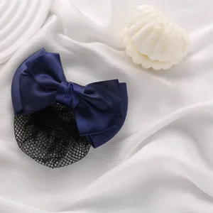 Navy blue satin bow hair net detail, elegant bun cover accessory for professional workplace use.