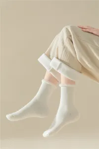 Gezellige dikke fleecegevoerde sokken voor dames, warme witte thermische gebreide kousen, zacht.