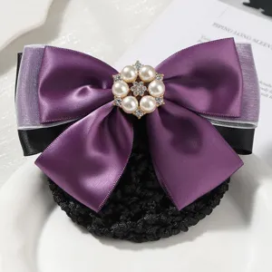 Purple satin bow hair net with pearl rhinestone detail, elegant hair accessory for work.