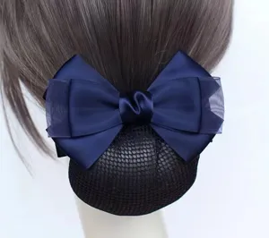 Dark blue professional hair net bow detail, elegant bun cover accessory for office and hotel.