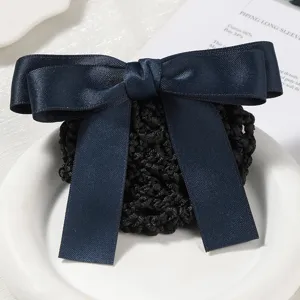 Professional navy blue bow hair net for nurses and hotel staff, elegant hair accessory.