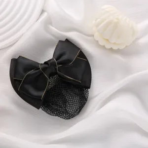 Professional black satin bow hair net with gold trim, elegant bun cover for work.