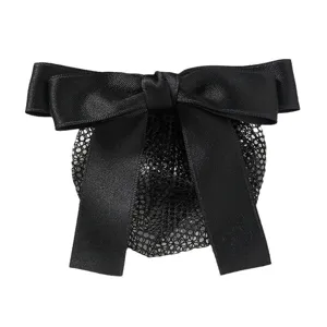 Black satin bow hairnet for professional nurse flight attendant bank worker hair bun cover.