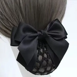 Schwarze Satin Haarschleife mit Haarnetz für Dutt, elegante Berufs Haarspange Zubehör.