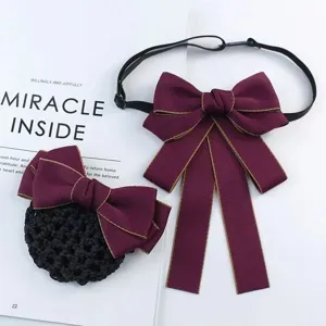 Wine red bow tie collar and hair net set for women bank nurse hotel professional work.