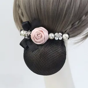 Detailed close-up of the elegant black hair net bun cover with pink rose and pearl bow.