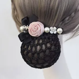 Elegant hair net clip with pink fabric rose bow pearls professional work hair accessory