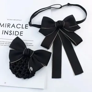 Black professional hair net and bow tie set for women, elegant banking and nurse work accessories.