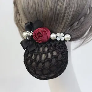 Elegant women's professional hair net bun cover with black bow and wine red fabric rose detail.