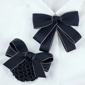 Navy blue uniform bow tie and hair net set for women, professional work accessories, detail shot.