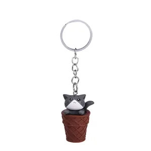 Cute grey cat ice cream cone keychain, creative cartoon bag and car key charm pendant.