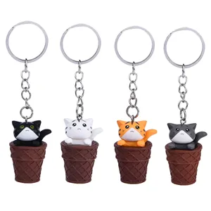 Cute cat ice cream cone keychain detail, lovely animal pendant for bags and car keys.