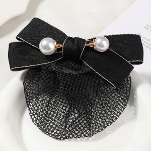 Professional black bow hair net with pearl decoration for women workplace daily use