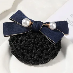 Women Professional Satin Bow Hair Net Hairpin Hotel Bank Hair Accessories With Pearl Decoration Elegant Hair Net