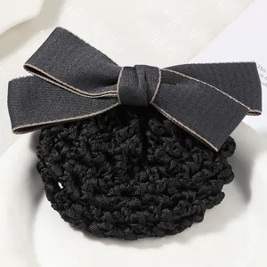 Elegant black hair net bow bun cover for professional work, hotel, bank, and salon use.