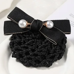 Professional black bow hair net and clip for women, elegant hair accessory for work.