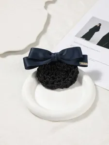 Dark blue bow hair net for women, professional hair clip and bun cover for work or nurses.