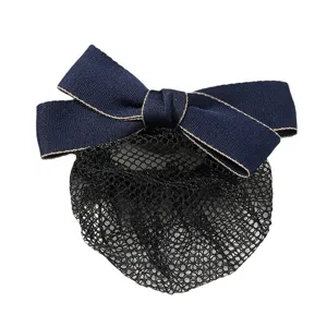 Professional hair net bow for women, elegant navy blue bowknot with gold trim and black mesh snood.