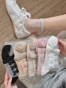 Chaussettes mi-hautes transparentes femme noeud papignon mignon respirant ete bas coton