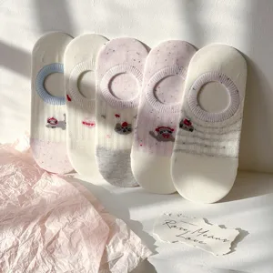 Summer breathable mesh low-cut invisible socks for women with cute cat embroidery candy colors.