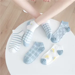 Detailansicht süßer blauer und weißer Damen Sommersocken, atmungsaktive Baumwollknöchelsocken.