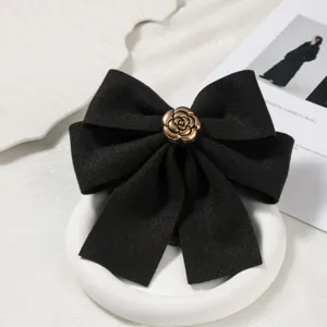 Vintage Velvet Hair Bow Clip With Camellia Metal Button Mesh Net Elegant Professional Hair Accessory For Women