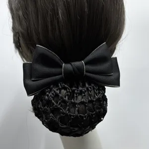 Black bow hair net detail, professional bun cover for nurses, hotel staff, and office work.