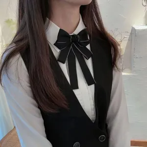 Professional women black bow tie collar accessory detail shot for bank hotel uniform
