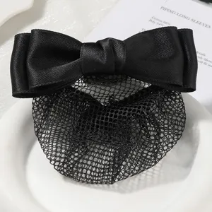 Close-up of black satin bow hairnet, elegant professional bun cover detail for daily work wear.