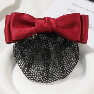 Wine red satin bow hair net clip for professional staff nurse and flight attendant use.