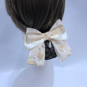 Floral lace hair net bun cover with bow pearl pendant elegant office hair accessory