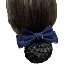 Professional navy blue bow hair net bun cover for nurses, flight attendants, and hotel staff.