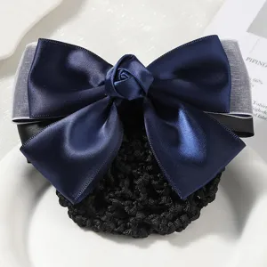 Detailed view of a sweet navy blue satin bow hair net with a rose for elegant daily hairstyles.