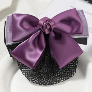 Korean sweet bow hair net with satin rose flower design, elegant hair accessory for women.