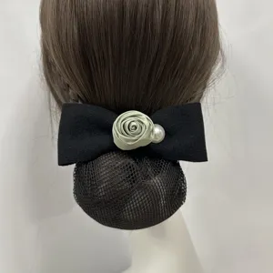 Elegante Rosen Schleife Haarnetz Klammer, schwarzer Stoff mit grüner Blume für Dutt.