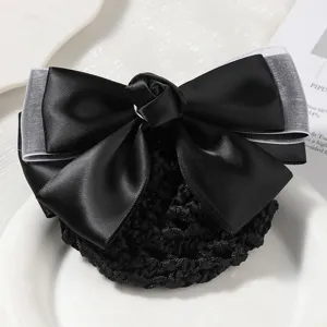Korean Sweet Minimalist Satin Bow Hair Net Rose Flower Hair Ornament Elegant Hotel Nurse Stewardess Hair Accessories
