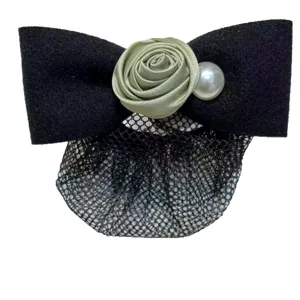 Black bow hair net clip with elegant fabric rose and pearl accent for women elegant hair styling.