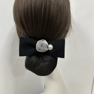 Elegantes schwarzes Schleifen-Haarnetz mit silberner Rose und Perle, schöner Haarklammer.