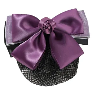 Purple satin bow hairnet with rose accent, elegant hair accessory for professional daily wear.