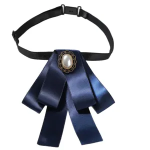 Femme Bleu Marine Satin Noeud Papillon Vintage Perle Broche Chemise Col Accessoire Tendance