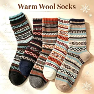 Men Winter Warm Wool Blend Crew Socks Retro Geometric Striped Thermal Socks