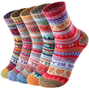 Damen Woll-Wintersocken, dicke thermische Vintage-Strick-Socken mit bunten Mustern.
