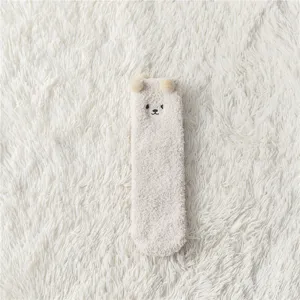 Beige coral fleece mid-tube sock detail featuring cute 3D bear ears and sweet embroidered face.