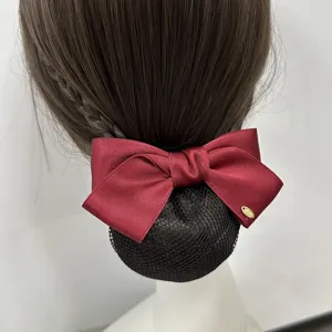 Wine red hair net bow hair clip for professional workplace hotel flight attendant use elegant