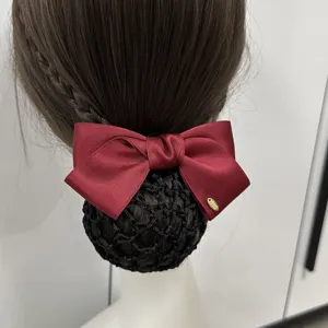 Professional hair net bow for work, elegant red ribbon bun cover for office staff and nurses.
