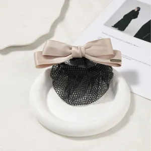 Elegant beige satin bow hair net clip, professional black mesh bun cover for work and daily use.