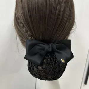 Black hair net bun cover with bowknot elegant professional hair accessory for women daily work.