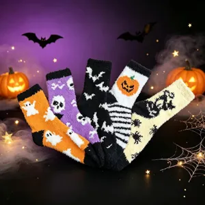 Set de calcetines de dormir mullidos de Halloween, estampado fantasma calabaza, calcetines de casa.