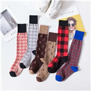 Women's long knit knee high socks retro plaid argyle fashion winter autumn leg warmers
