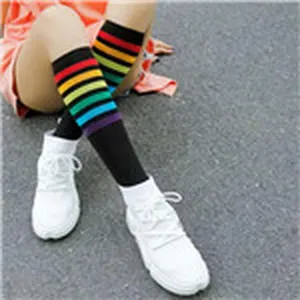 Women knee high socks cute black rainbow striped long socks casual fashion hosiery stockings